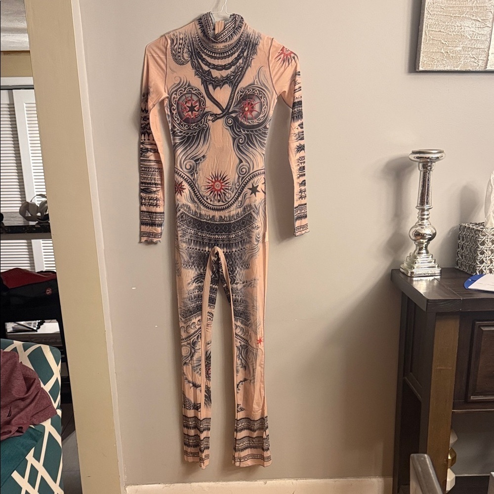 Spirit Tattoo Print Bodysuit in Beige and Black